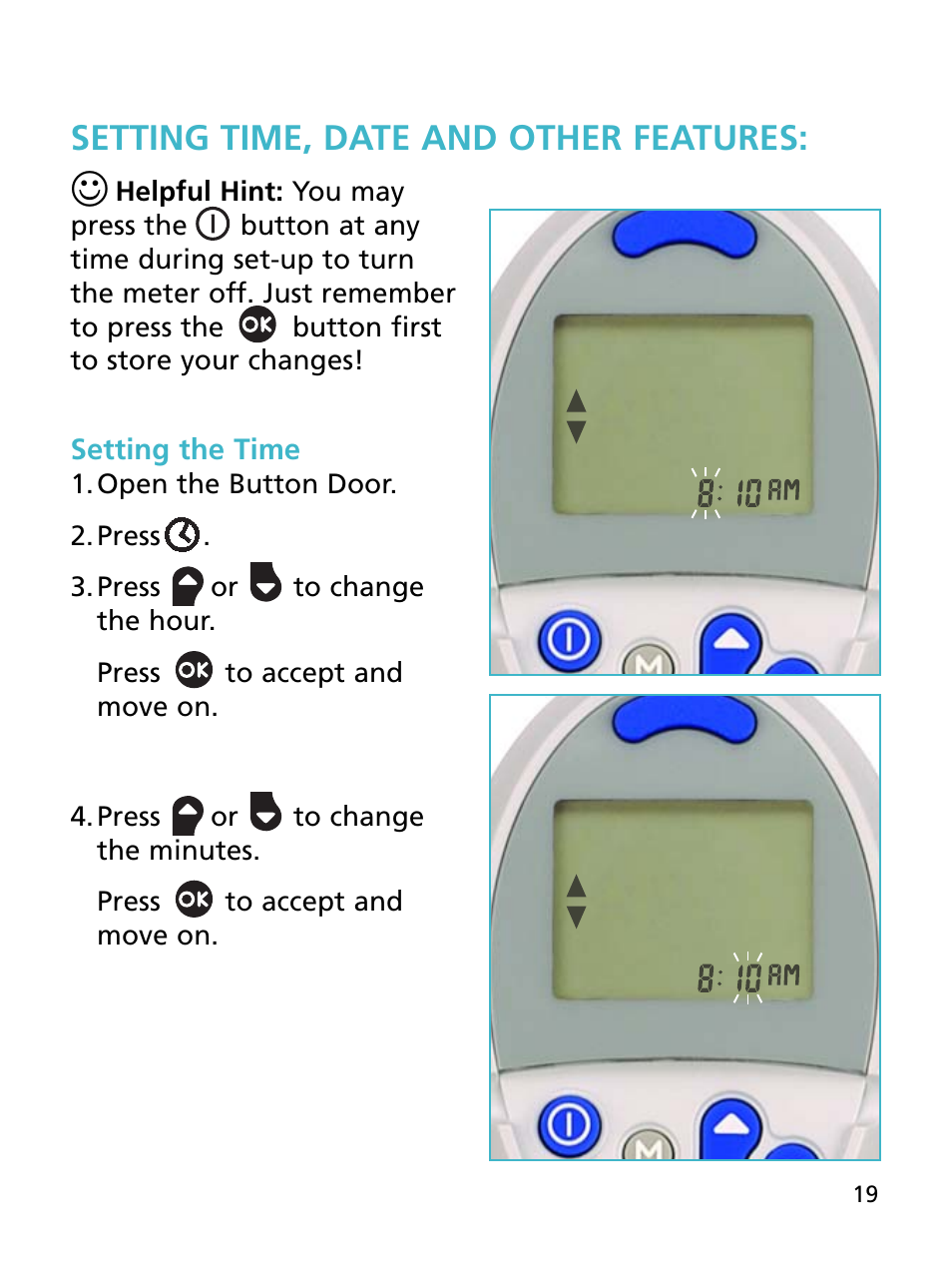 Setting time, date and other features | Bayer HealthCare Ascensia BREEZE and Ascensia AUTODISCTM Unique 10-Test Disc User Manual | Page 25 / 55