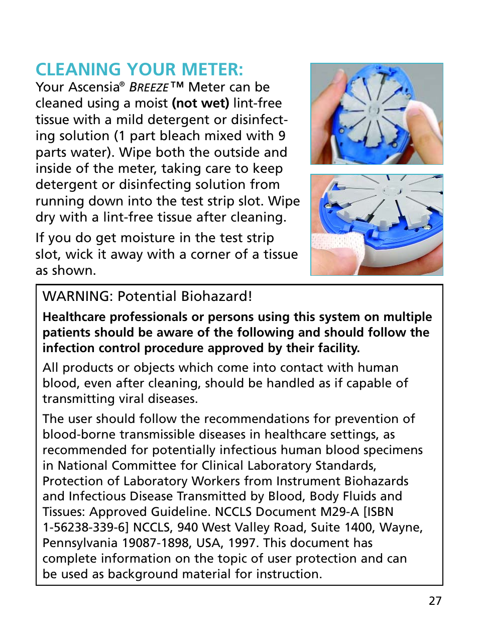 Cleaning your meter | Bayer HealthCare Ascensia BREEZE and Ascensia AUTODISCTM Unique 10-Test Disc User Manual | Page 33 / 55