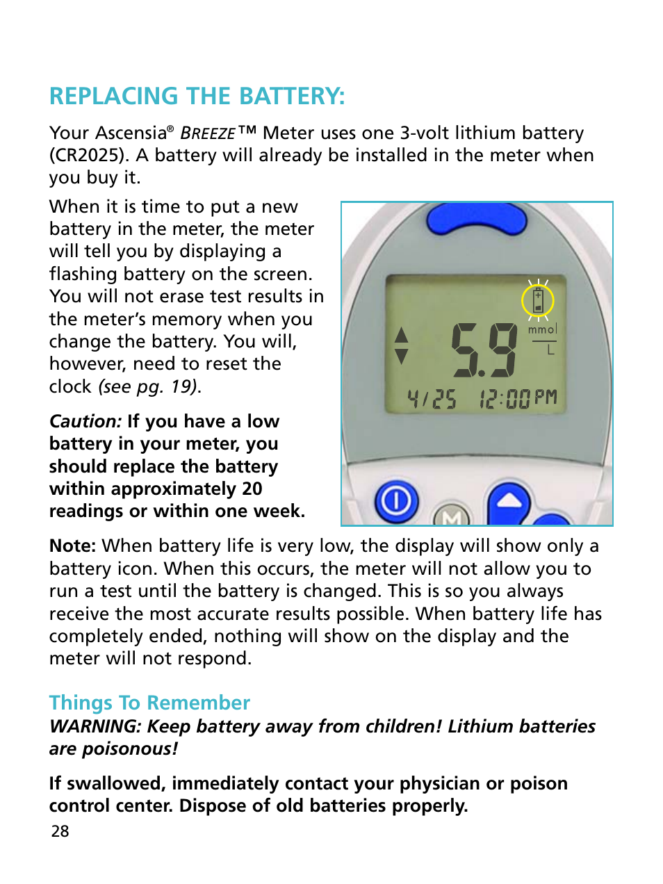 Replacing the battery, Things to remember | Bayer HealthCare Ascensia BREEZE and Ascensia AUTODISCTM Unique 10-Test Disc User Manual | Page 34 / 55