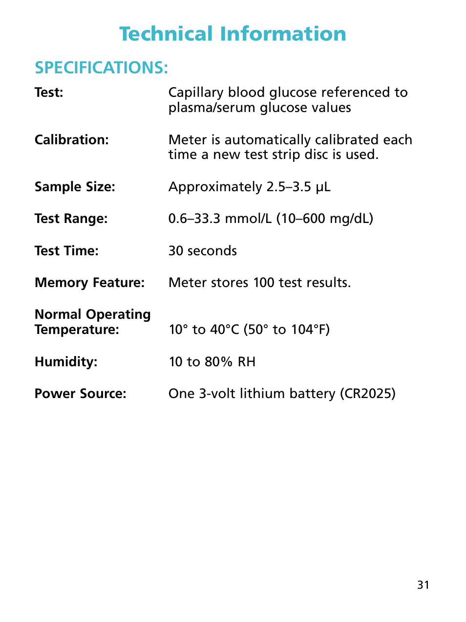 Technical information, Specifications | Bayer HealthCare Ascensia BREEZE and Ascensia AUTODISCTM Unique 10-Test Disc User Manual | Page 37 / 55