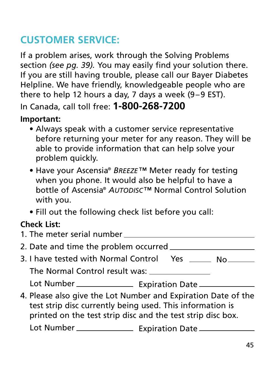 Customer service | Bayer HealthCare Ascensia BREEZE and Ascensia AUTODISCTM Unique 10-Test Disc User Manual | Page 51 / 55