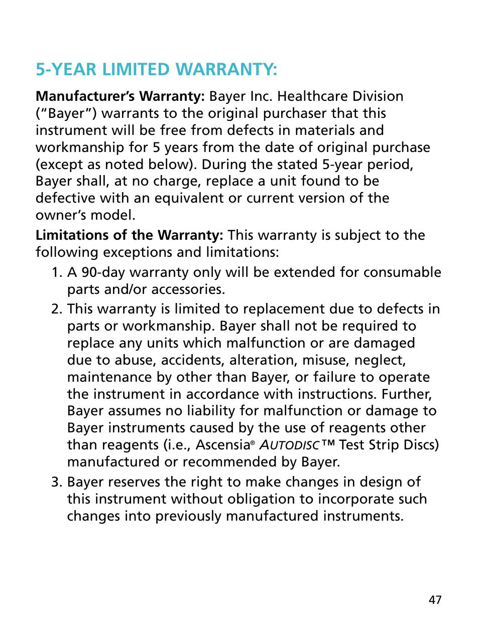 Year limited warranty | Bayer HealthCare Ascensia BREEZE and Ascensia AUTODISCTM Unique 10-Test Disc User Manual | Page 53 / 55