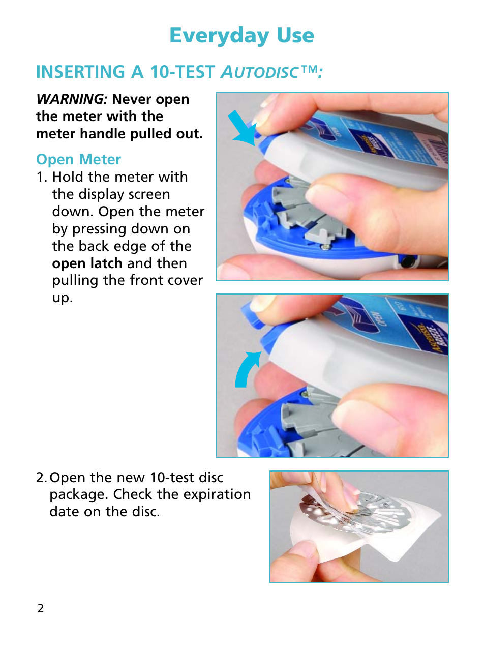 Everyday use, Inserting a 10-test a | Bayer HealthCare Ascensia BREEZE and Ascensia AUTODISCTM Unique 10-Test Disc User Manual | Page 8 / 55