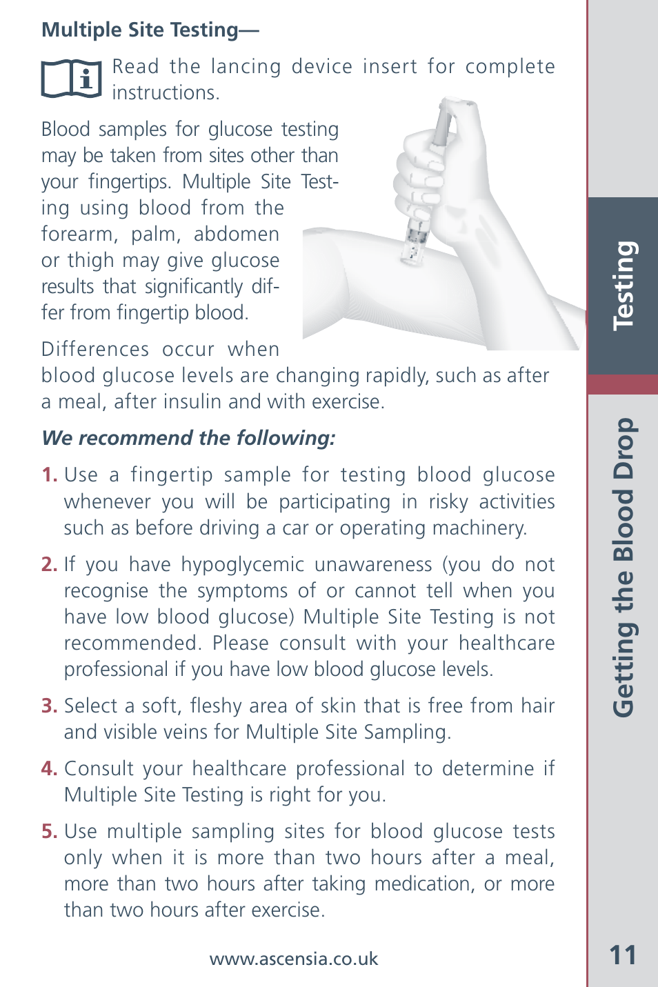 Testing 11, Getting the blood dr op | Bayer HealthCare Ascensia Contour Blood Glucose Meter User Manual | Page 13 / 44
