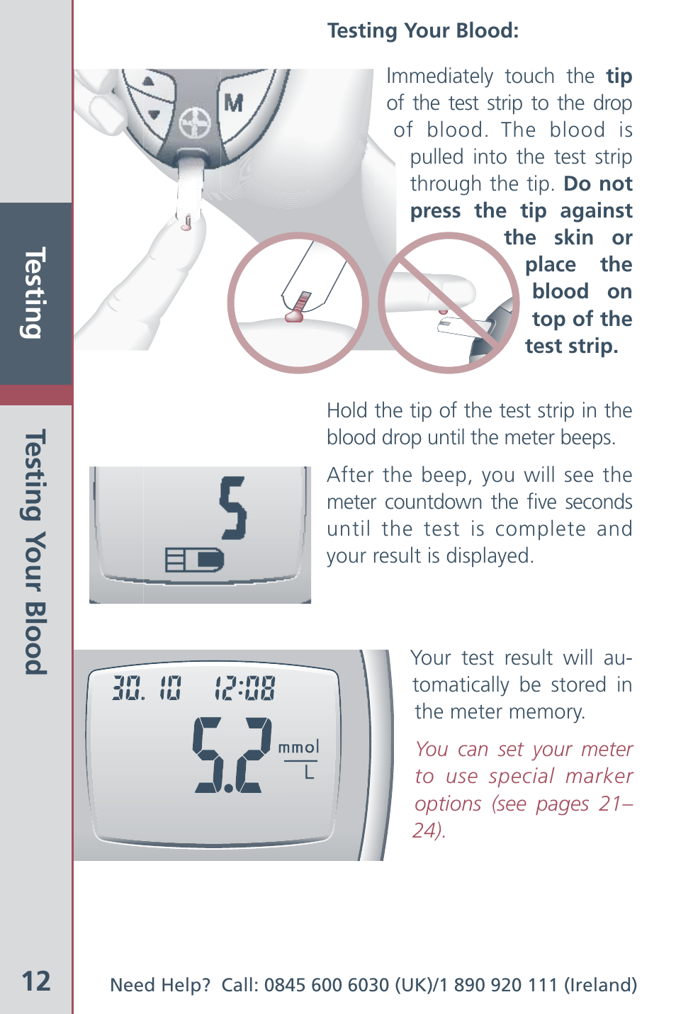 Testing 12, Testing y our blood | Bayer HealthCare Ascensia Contour Blood Glucose Meter User Manual | Page 14 / 44