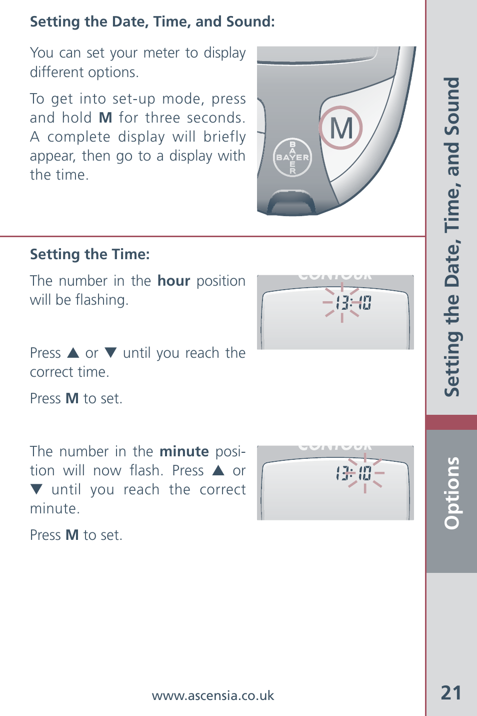 Options 21, Setting the date, time, and sound | Bayer HealthCare Ascensia Contour Blood Glucose Meter User Manual | Page 23 / 44