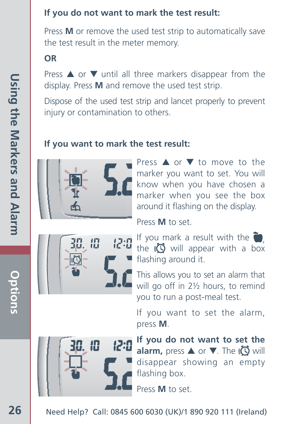 Options 26, Using the markers and alarm | Bayer HealthCare Ascensia Contour Blood Glucose Meter User Manual | Page 28 / 44