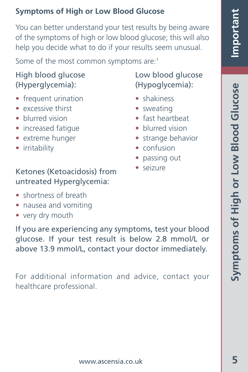 5important, Symptoms of high or low blood glucose | Bayer HealthCare Ascensia Contour Blood Glucose Meter User Manual | Page 7 / 44