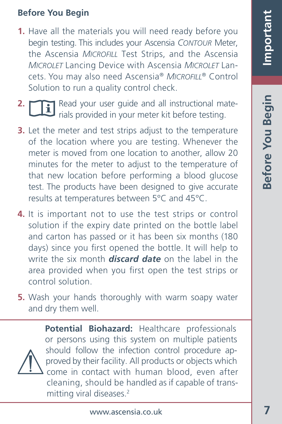 7important, Befor e y ou begin | Bayer HealthCare Ascensia Contour Blood Glucose Meter User Manual | Page 9 / 44
