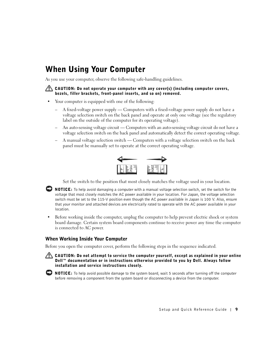 When using your computer, When working inside your computer | Dell OptiPlex GX270 User Manual | Page 11 / 94