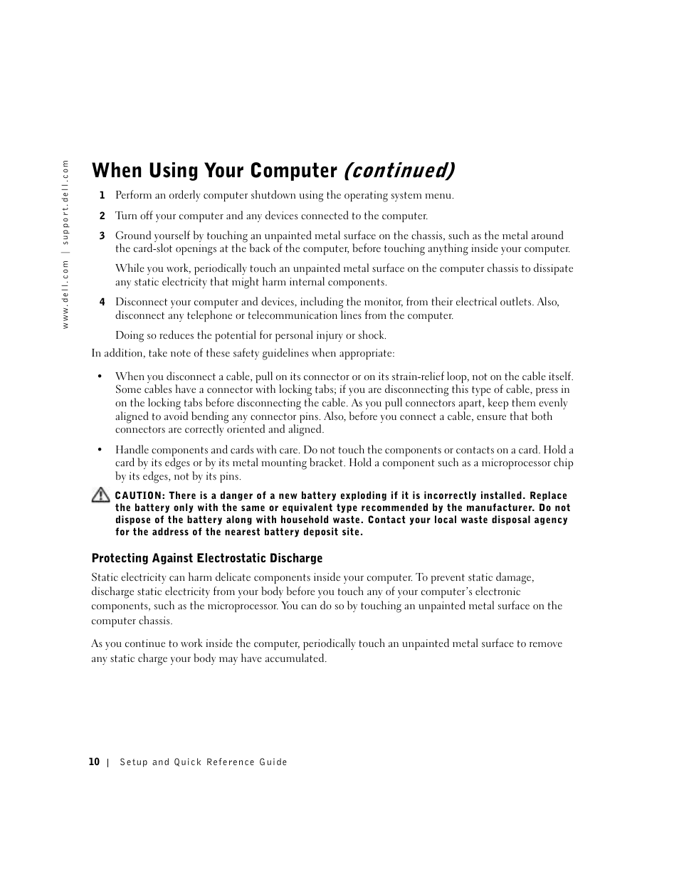 Protecting against electrostatic discharge, When using your computer (continued) | Dell OptiPlex GX270 User Manual | Page 12 / 94
