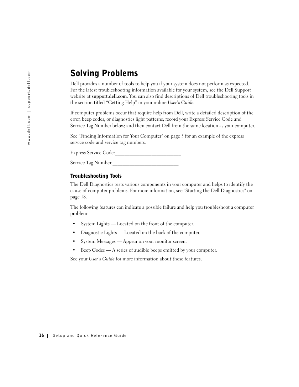 Solving problems, Troubleshooting tools | Dell OptiPlex GX270 User Manual | Page 18 / 94