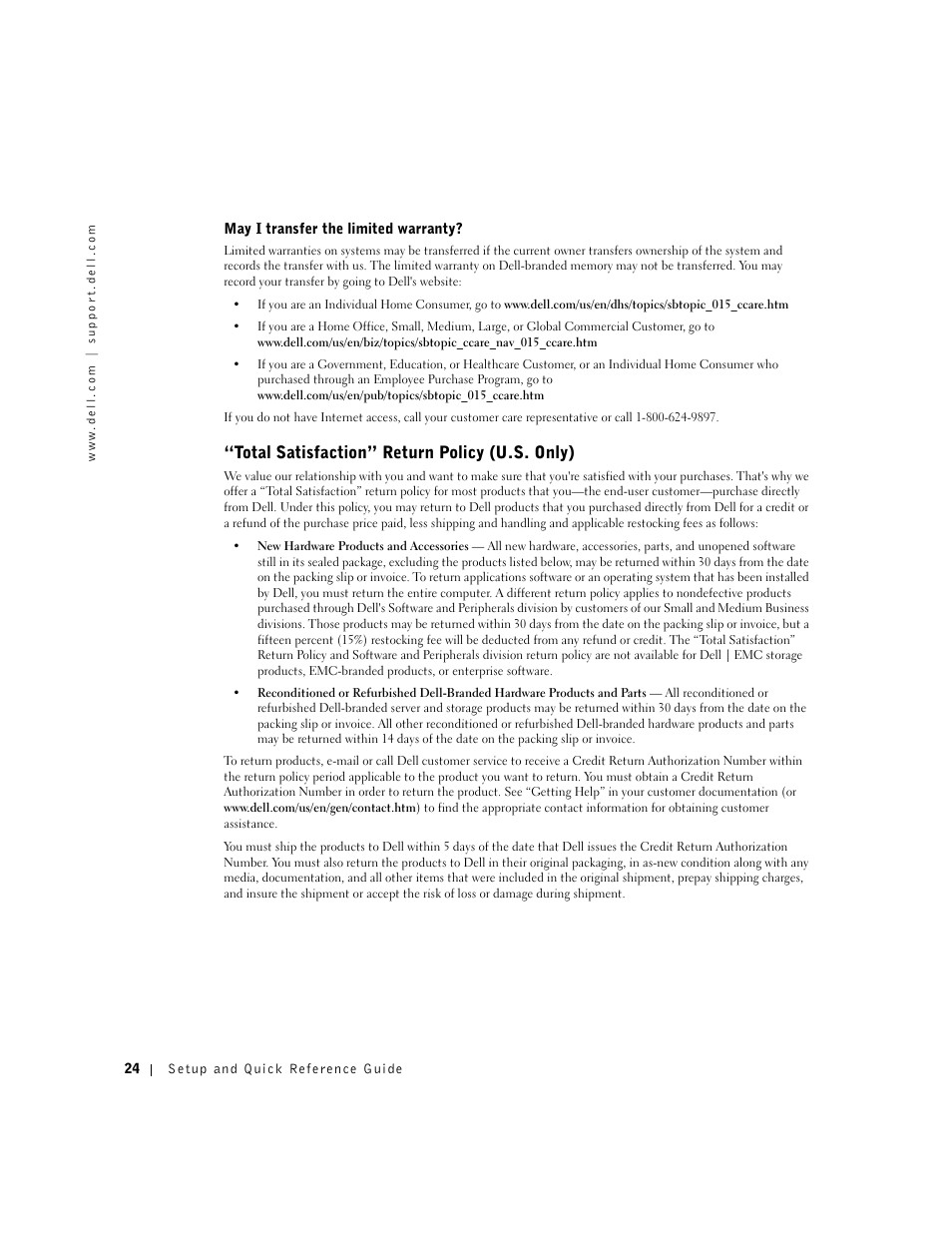 Total satisfaction” return policy (u.s. only) | Dell OptiPlex GX270 User Manual | Page 26 / 94