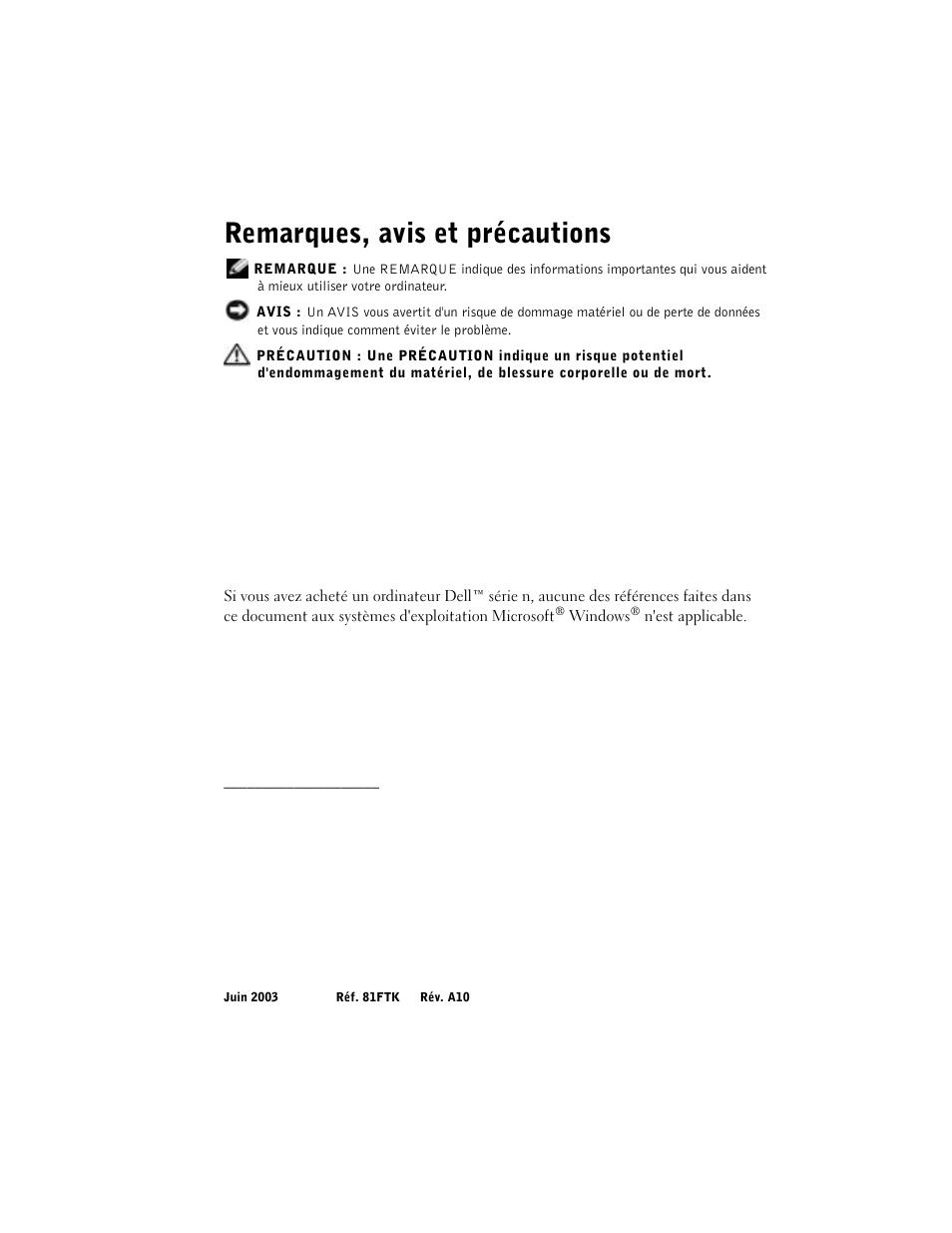 Remarques, avis et précautions | Dell OptiPlex GX270 User Manual | Page 36 / 94