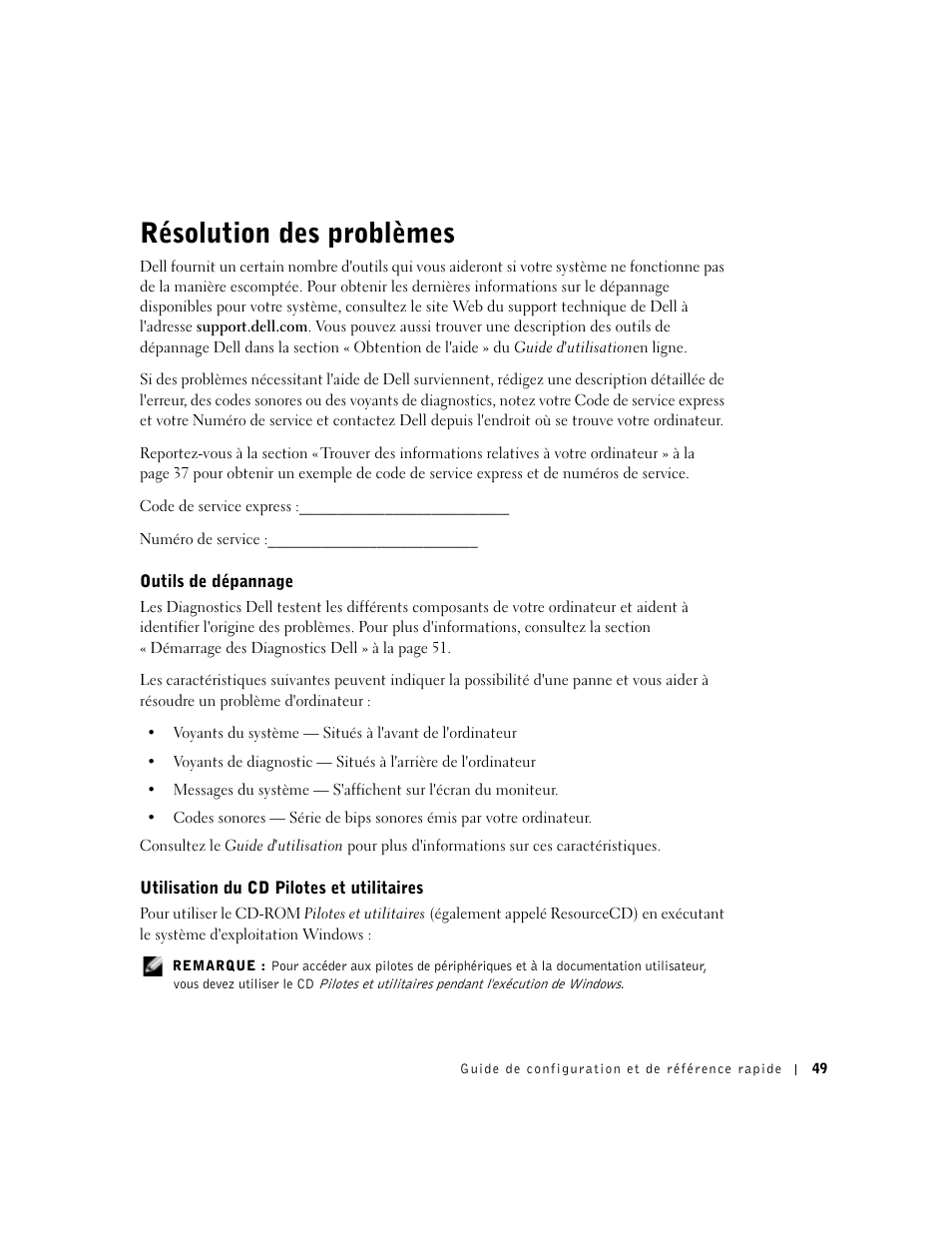 Résolution des problèmes, Outils de dépannage, Utilisation du cd pilotes et utilitaires | Dell OptiPlex GX270 User Manual | Page 51 / 94