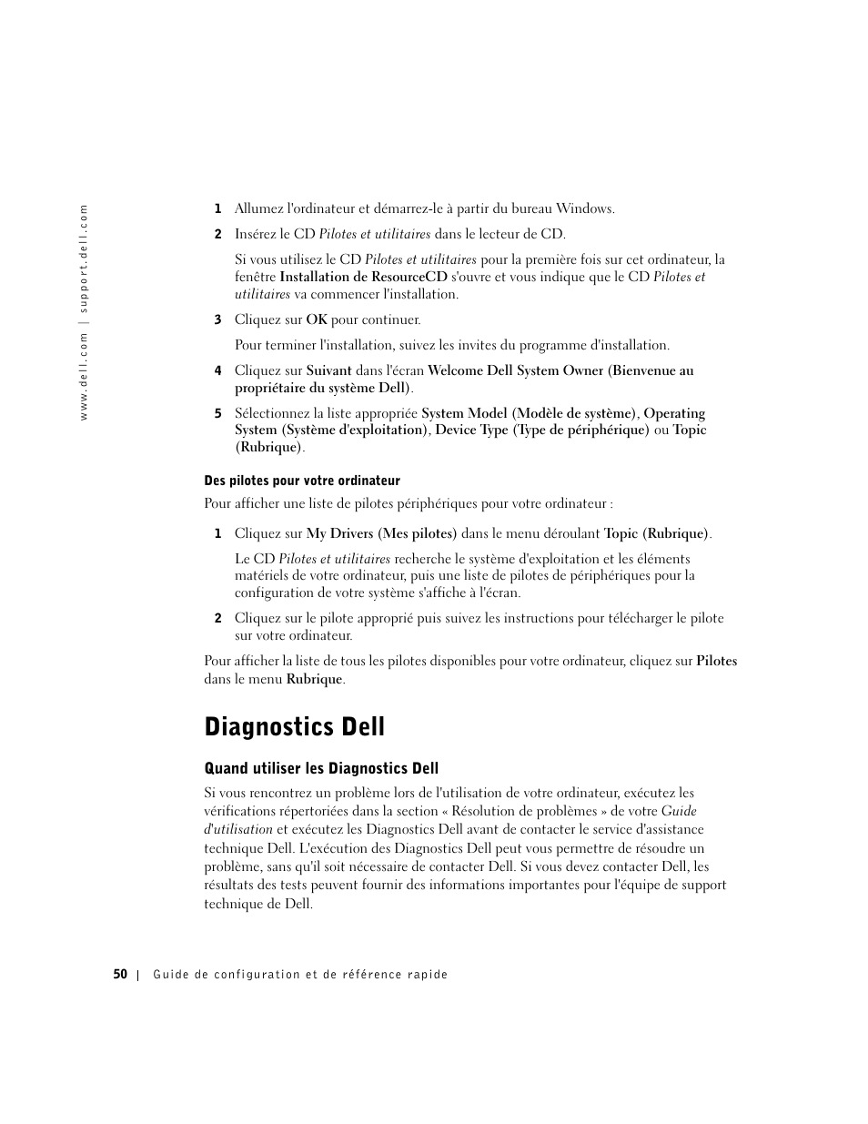 Diagnostics dell, Quand utiliser les diagnostics dell | Dell OptiPlex GX270 User Manual | Page 52 / 94
