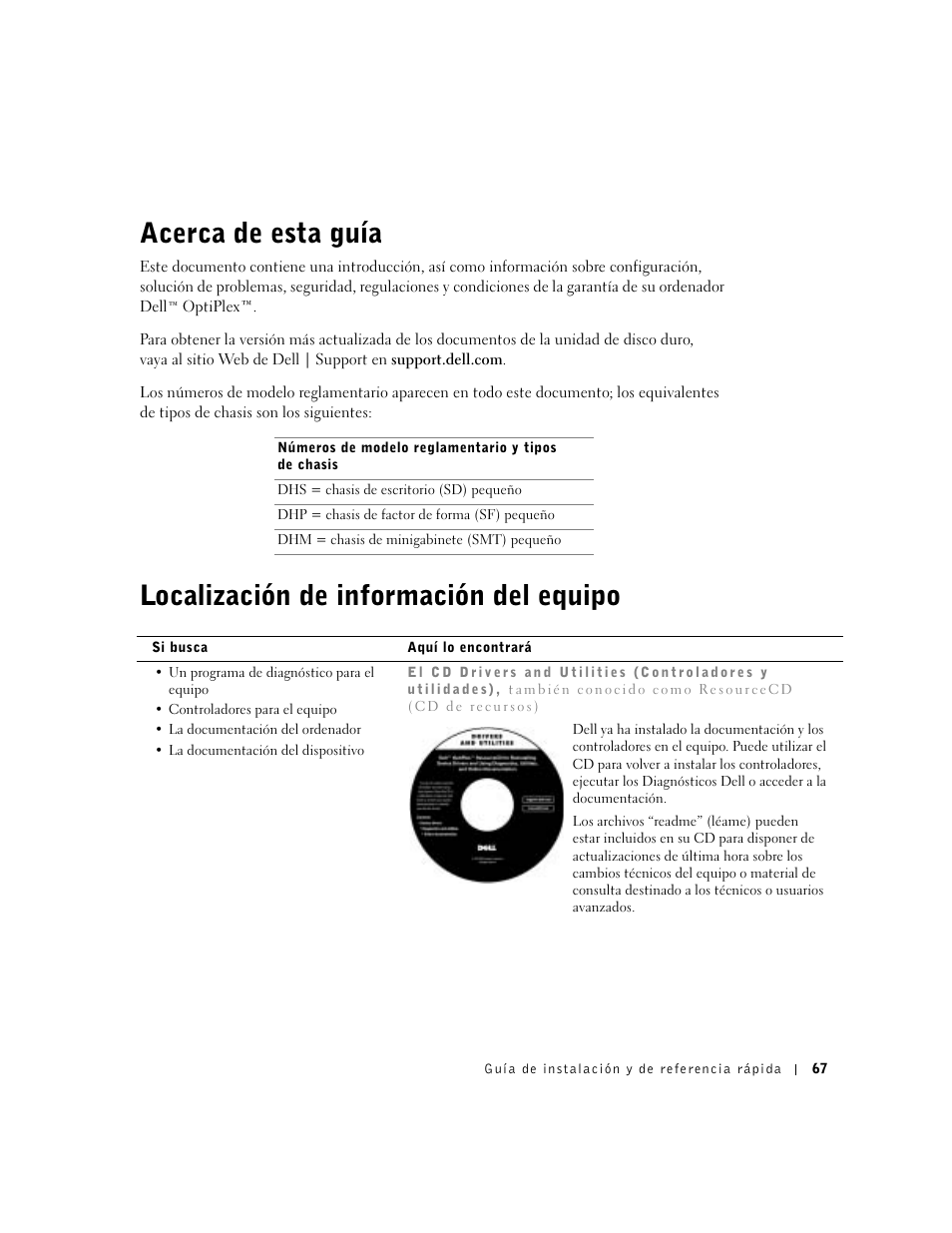 Acerca de esta guía, Localización de información del equipo | Dell OptiPlex GX270 User Manual | Page 69 / 94