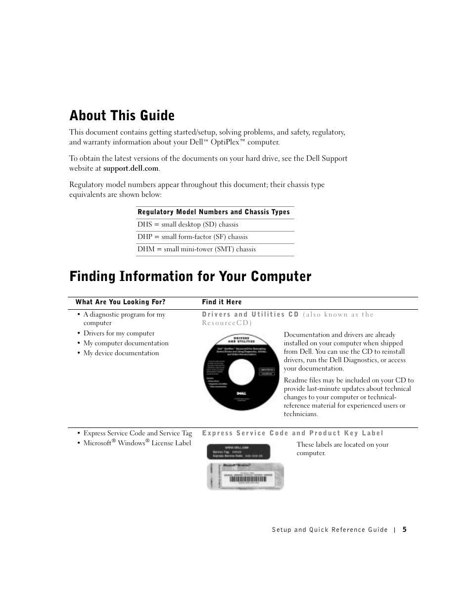 About this guide, Finding information for your computer | Dell OptiPlex GX270 User Manual | Page 7 / 94