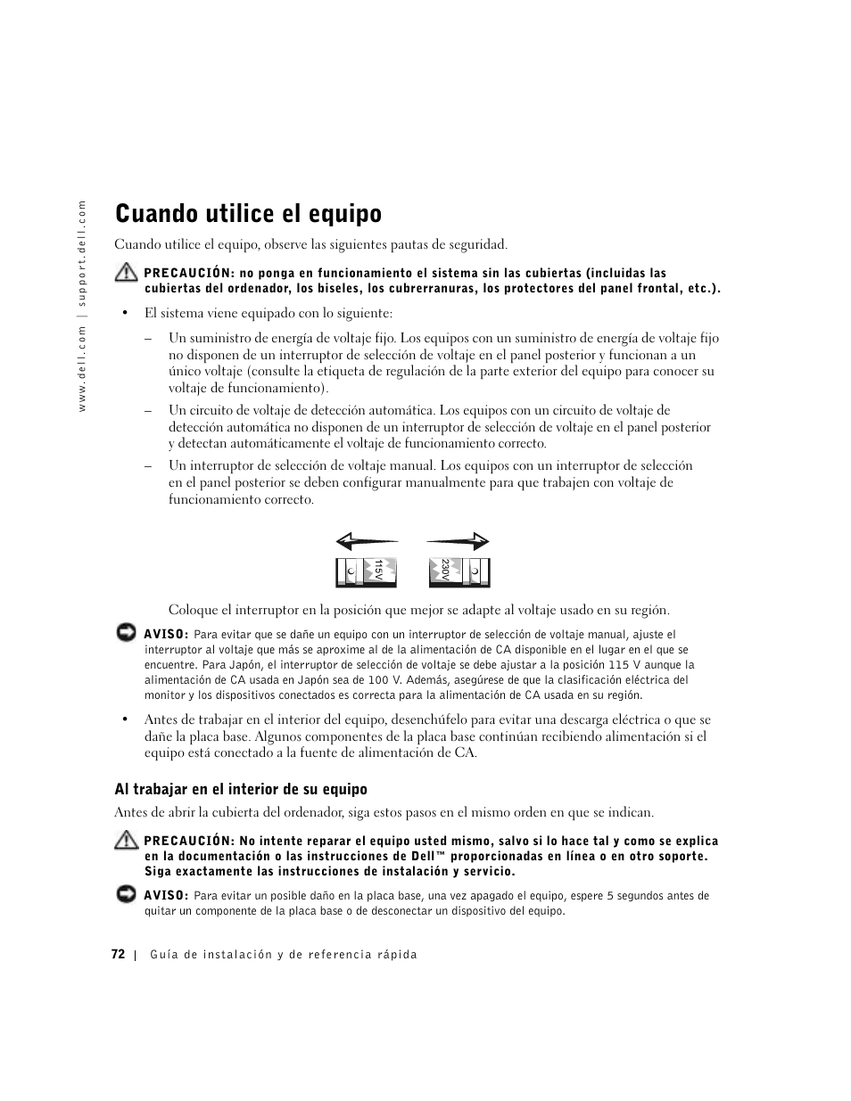 Cuando utilice el equipo, Al trabajar en el interior de su equipo | Dell OptiPlex GX270 User Manual | Page 74 / 94