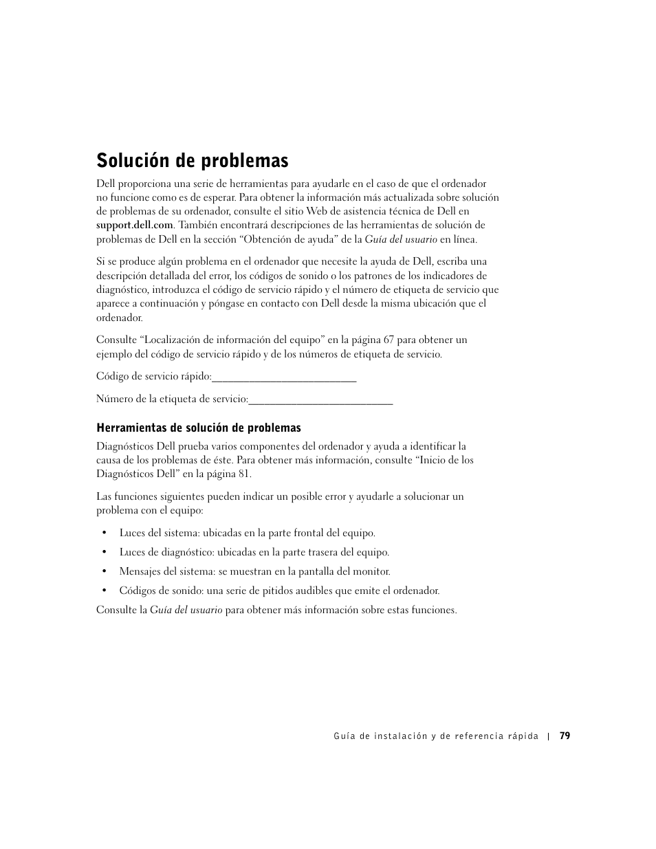 Solución de problemas, Herramientas de solución de problemas | Dell OptiPlex GX270 User Manual | Page 81 / 94