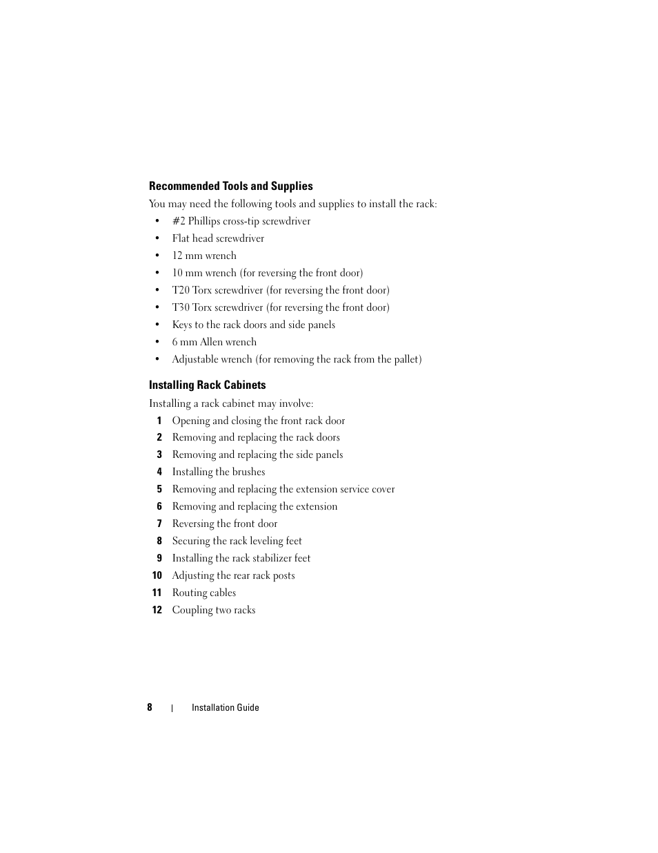 Recommended tools and supplies, Installing rack cabinets | Dell PowerEdge Rack Enclosure 4020S User Manual | Page 10 / 228