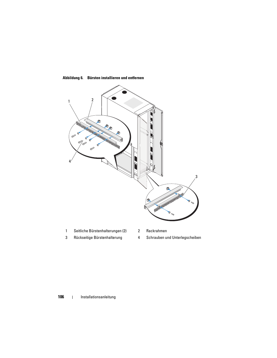 Unterlegscheiben. siehe abbildung 6, Hmen ein. siehe abbildung 6, Abbildung 6 | Dell PowerEdge Rack Enclosure 4020S User Manual | Page 108 / 228