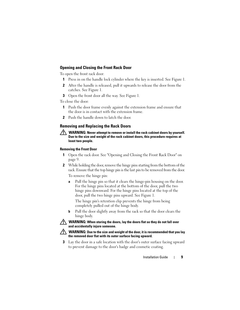 Opening and closing the front rack door, Removing and replacing the rack doors | Dell PowerEdge Rack Enclosure 4020S User Manual | Page 11 / 228