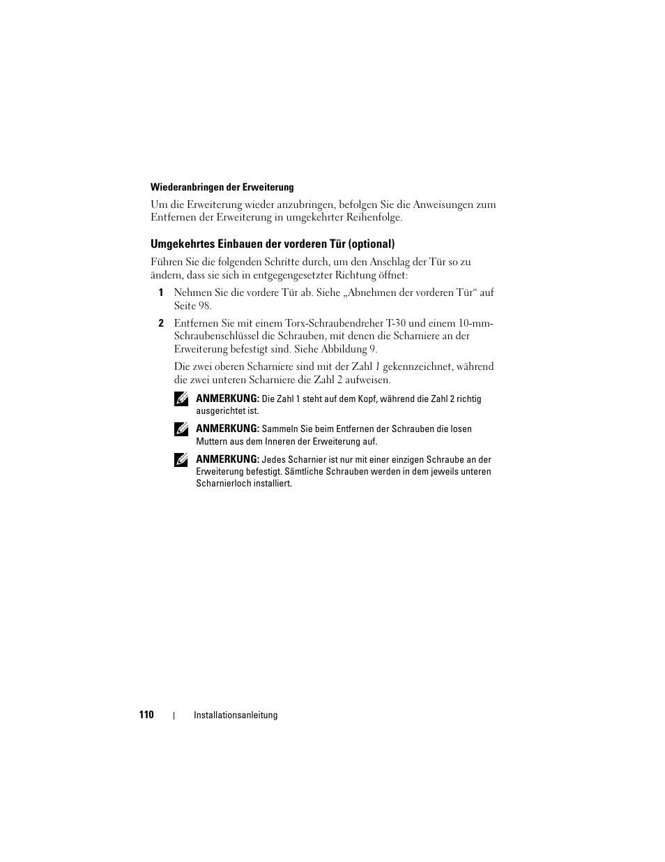 Umgekehrtes einbauen der vorderen tür (optional) | Dell PowerEdge Rack Enclosure 4020S User Manual | Page 112 / 228