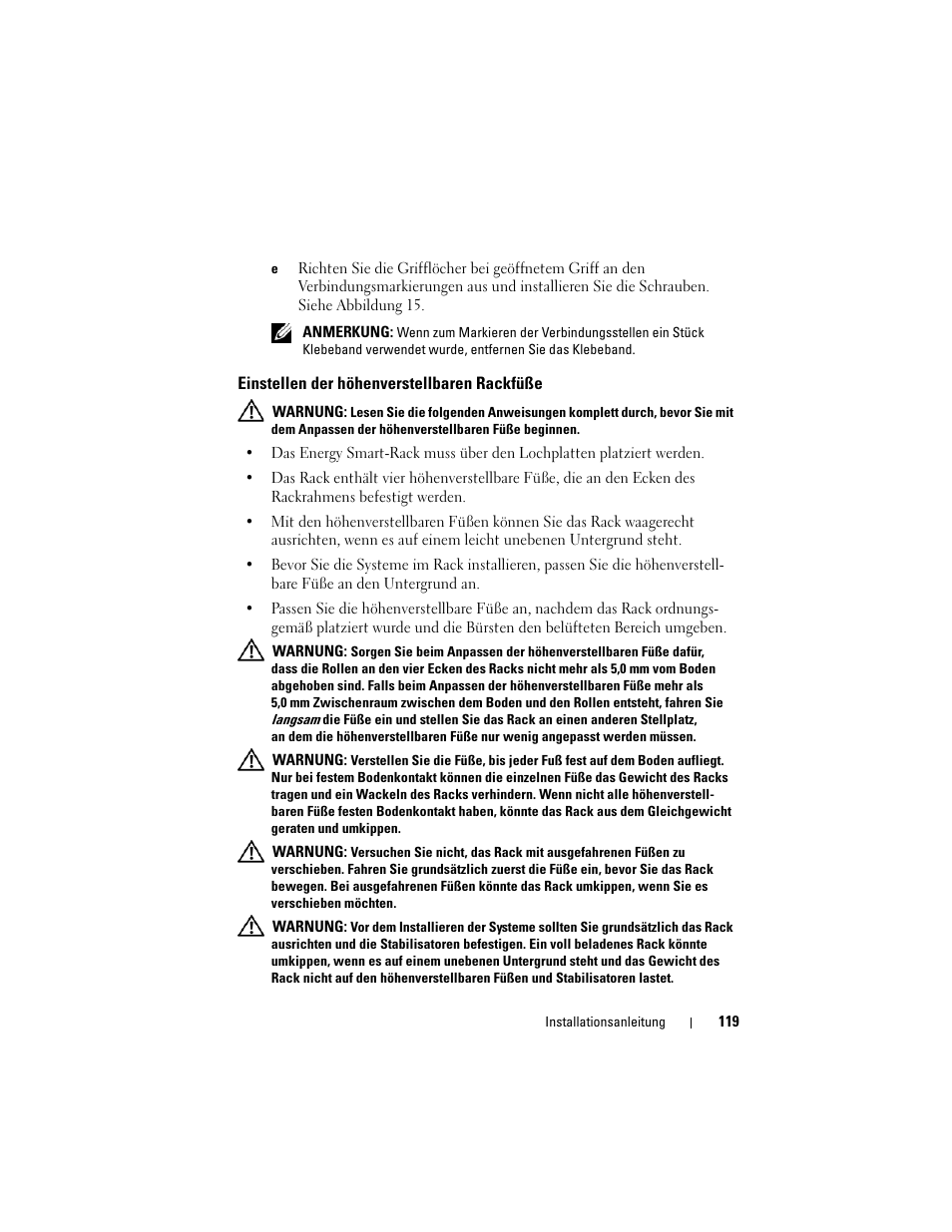 Einstellen der höhenverstellbaren rackfüße | Dell PowerEdge Rack Enclosure 4020S User Manual | Page 121 / 228