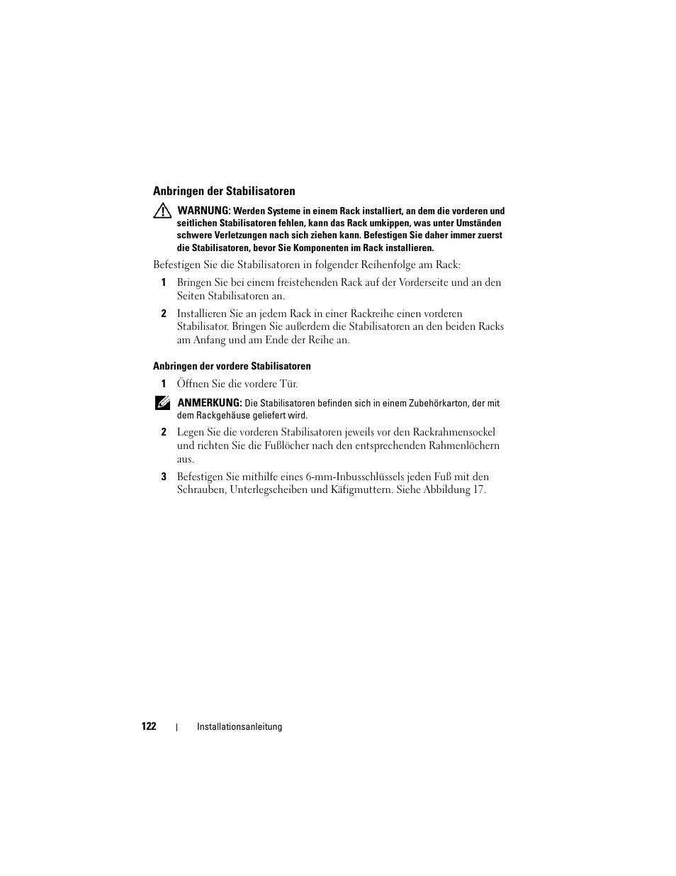 Anbringen der stabilisatoren | Dell PowerEdge Rack Enclosure 4020S User Manual | Page 124 / 228