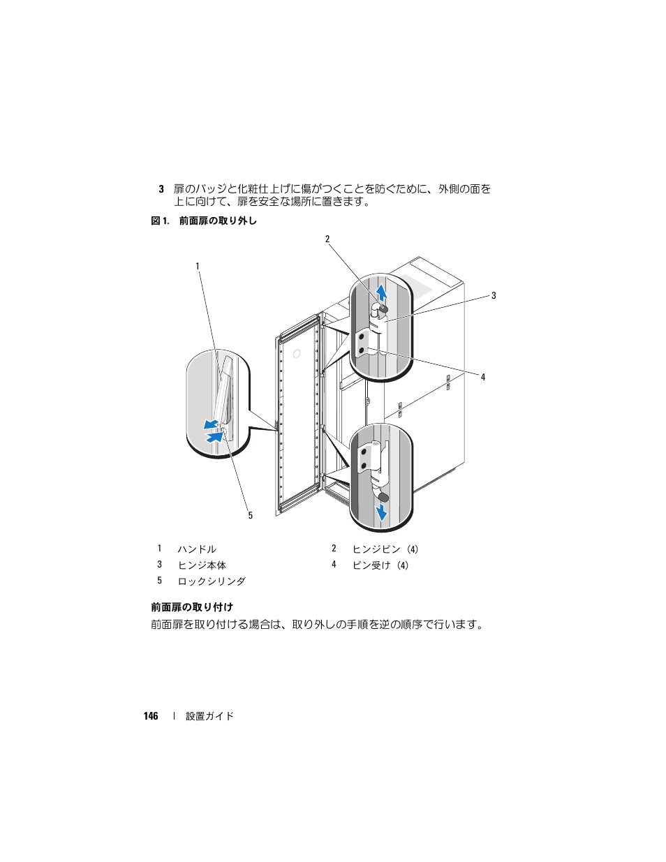 ます。図 1, 前面扉を完全に開きます。図 1, 本）は上方向に引きます。図 1 | Dell PowerEdge Rack Enclosure 4020S User Manual | Page 148 / 228