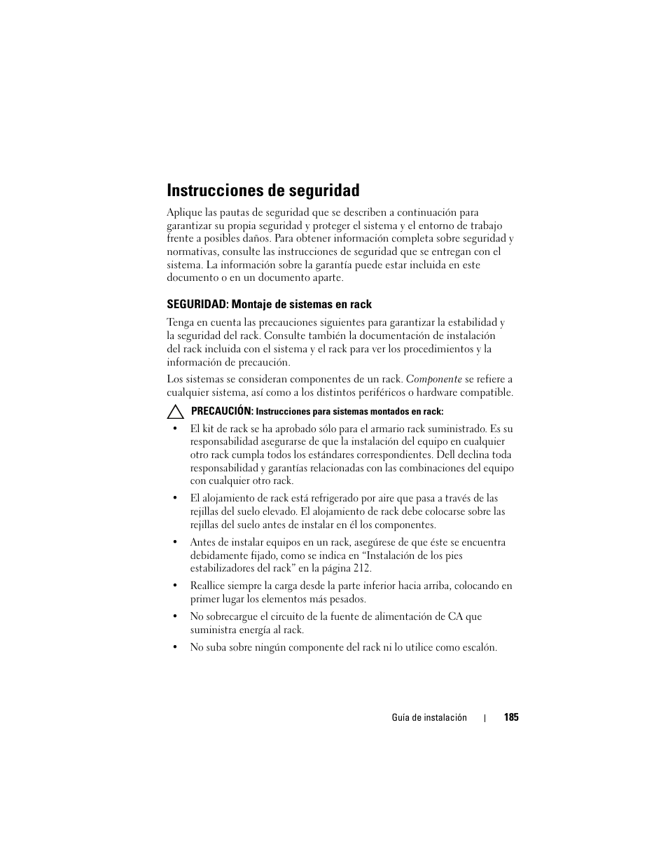 Instrucciones de seguridad, Seguridad: montaje de sistemas en rack | Dell PowerEdge Rack Enclosure 4020S User Manual | Page 187 / 228