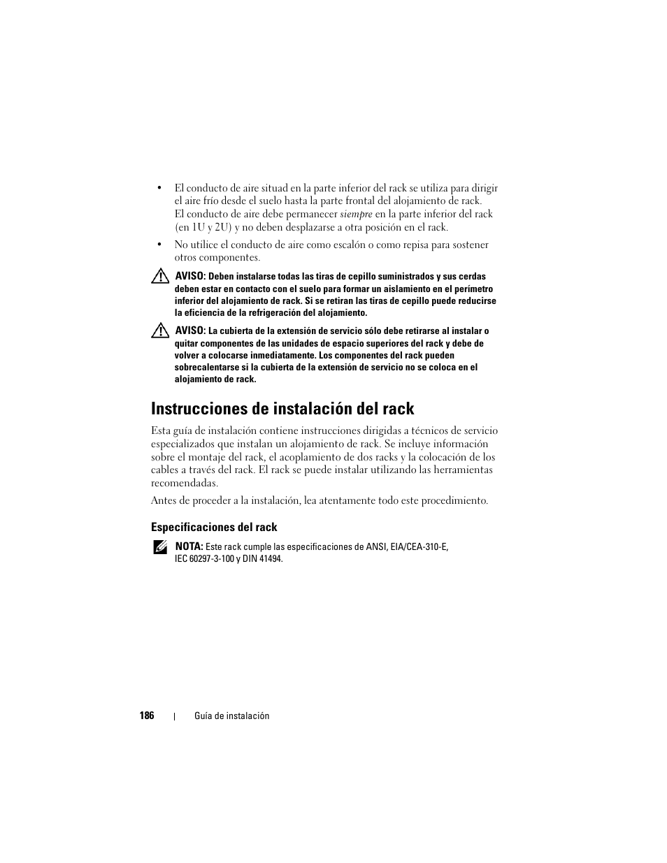 Instrucciones de instalación del rack, Especificaciones del rack | Dell PowerEdge Rack Enclosure 4020S User Manual | Page 188 / 228