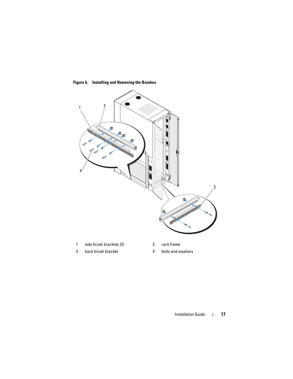 Into the rack frame. see figure 6, Et using the four bolts and washers. see figure 6, Et using the two bolts and washers. see figure 6 | Dell PowerEdge Rack Enclosure 4020S User Manual | Page 19 / 228