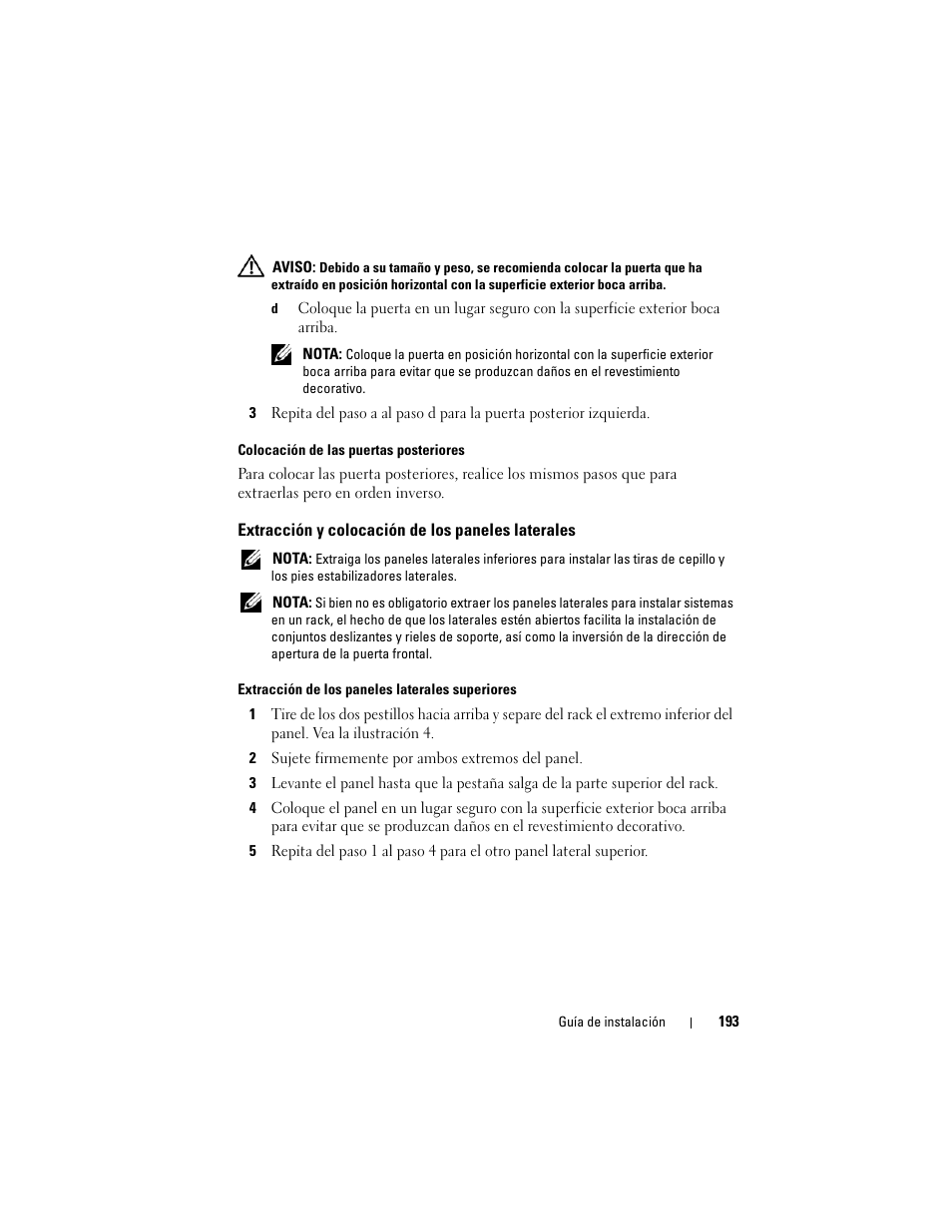 Extracción y colocación de los paneles laterales | Dell PowerEdge Rack Enclosure 4020S User Manual | Page 195 / 228