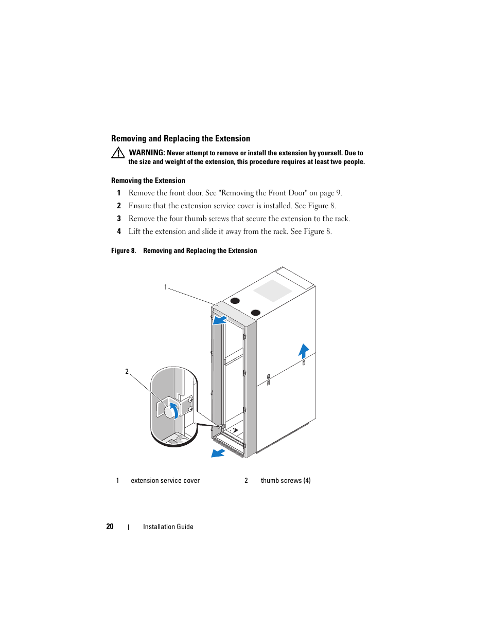 Removing and replacing the extension | Dell PowerEdge Rack Enclosure 4020S User Manual | Page 22 / 228