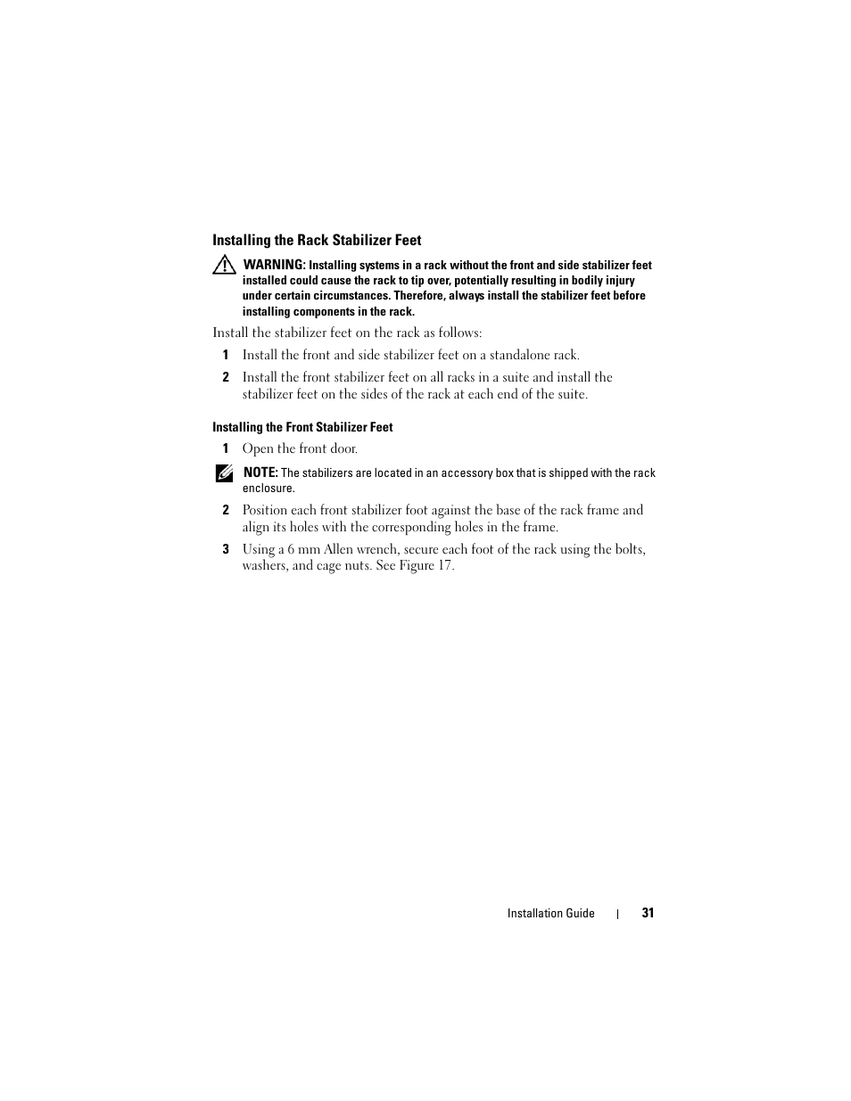 Installing the rack stabilizer feet | Dell PowerEdge Rack Enclosure 4020S User Manual | Page 33 / 228