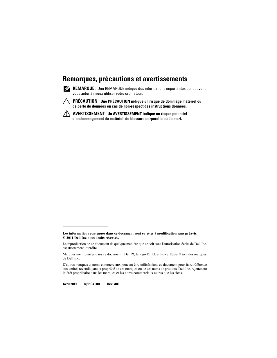 Remarques, précautions et avertissements | Dell PowerEdge Rack Enclosure 4020S User Manual | Page 48 / 228