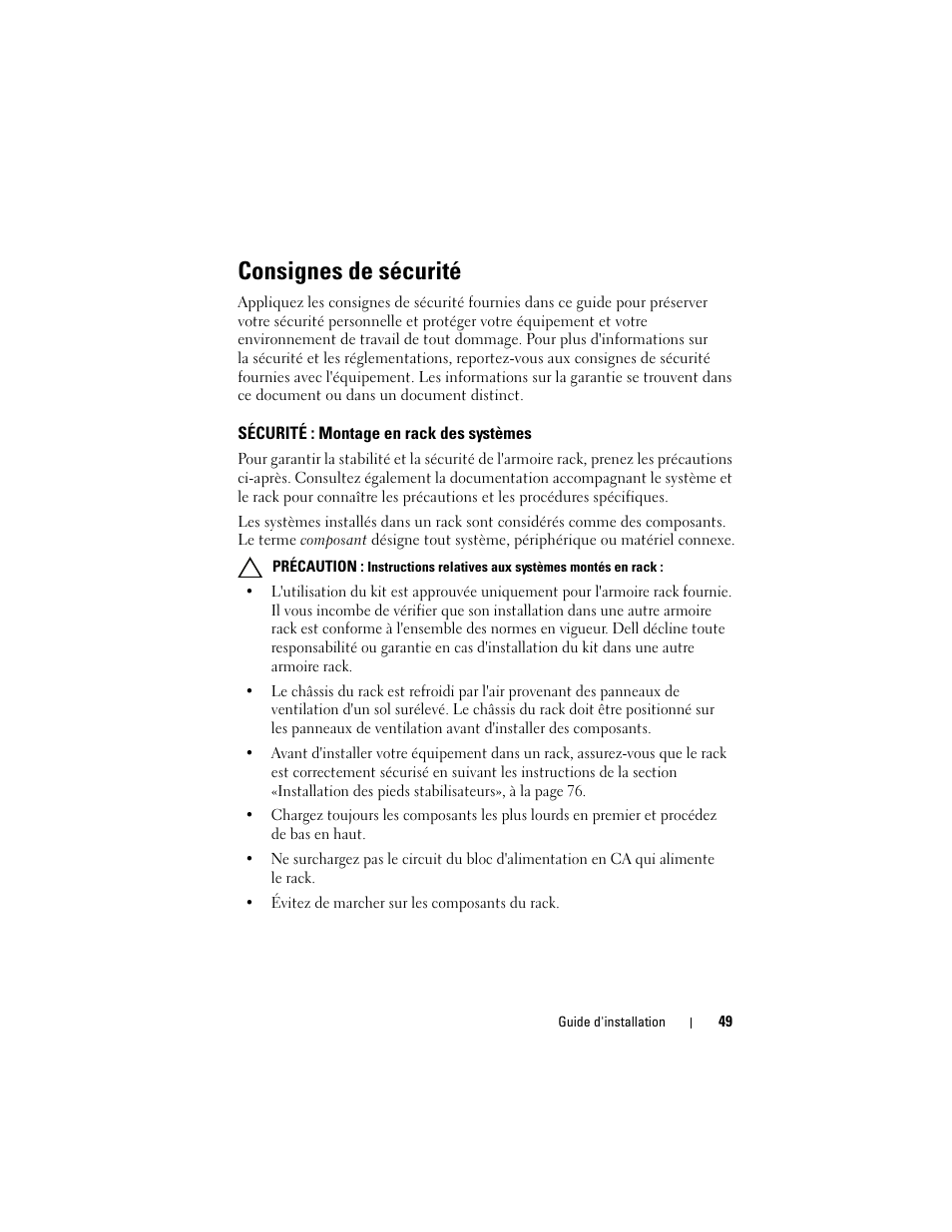 Consignes de sécurité, Sécurité : montage en rack des systèmes | Dell PowerEdge Rack Enclosure 4020S User Manual | Page 51 / 228