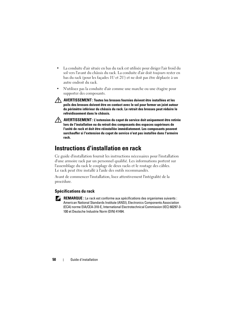 Instructions d'installation en rack, Spécifications du rack | Dell PowerEdge Rack Enclosure 4020S User Manual | Page 52 / 228