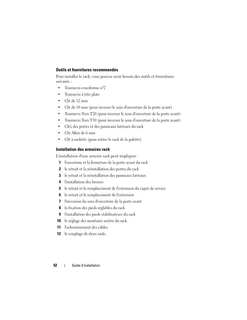 Outils et fournitures recommandés, Installation des armoires rack | Dell PowerEdge Rack Enclosure 4020S User Manual | Page 54 / 228