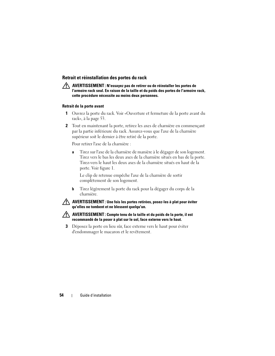 Retrait et réinstallation des portes du rack | Dell PowerEdge Rack Enclosure 4020S User Manual | Page 56 / 228