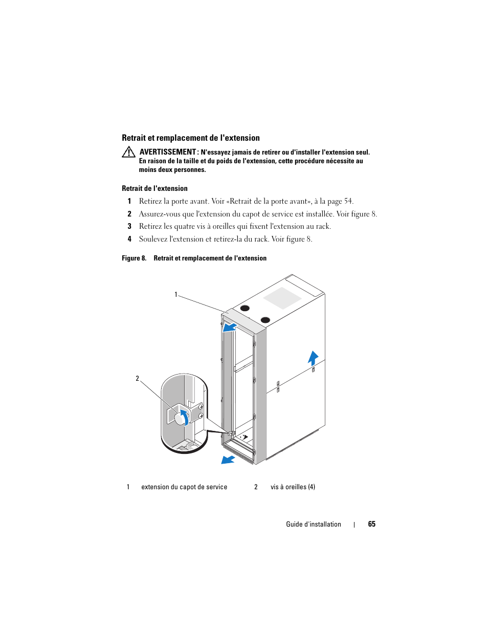 Retrait et remplacement de l'extension | Dell PowerEdge Rack Enclosure 4020S User Manual | Page 67 / 228