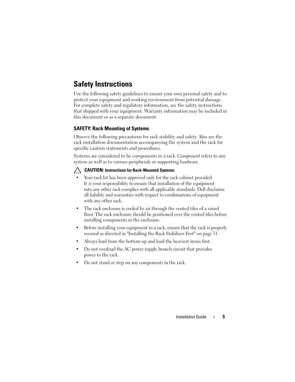 Safety instructions, Safety: rack mounting of systems | Dell PowerEdge Rack Enclosure 4020S User Manual | Page 7 / 228