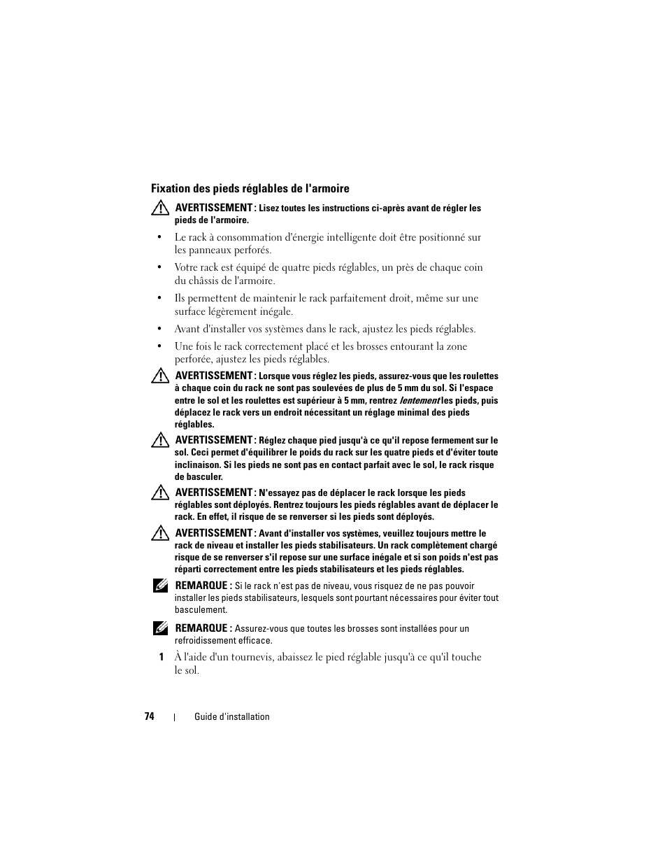 Fixation des pieds réglables de l'armoire | Dell PowerEdge Rack Enclosure 4020S User Manual | Page 76 / 228