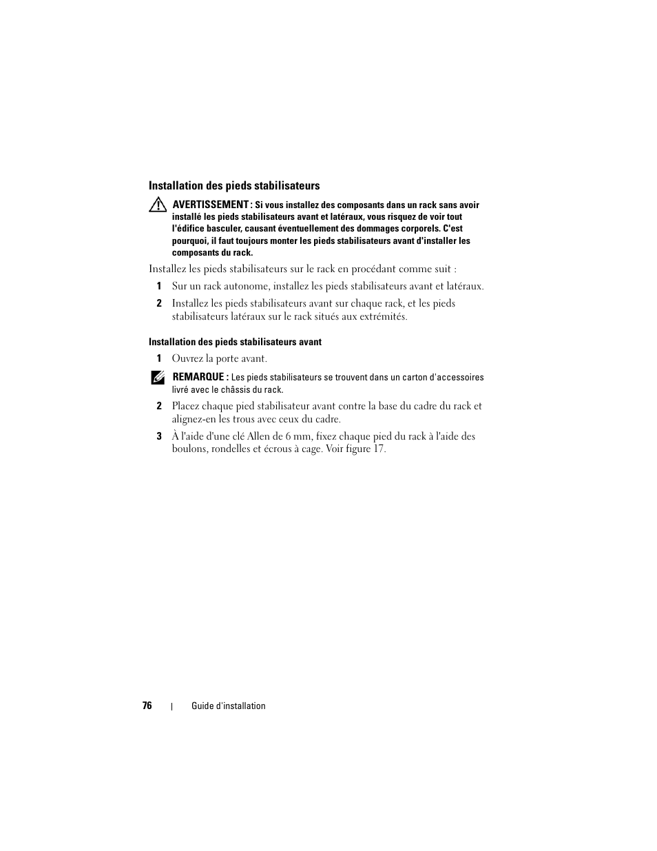 Installation des pieds stabilisateurs | Dell PowerEdge Rack Enclosure 4020S User Manual | Page 78 / 228