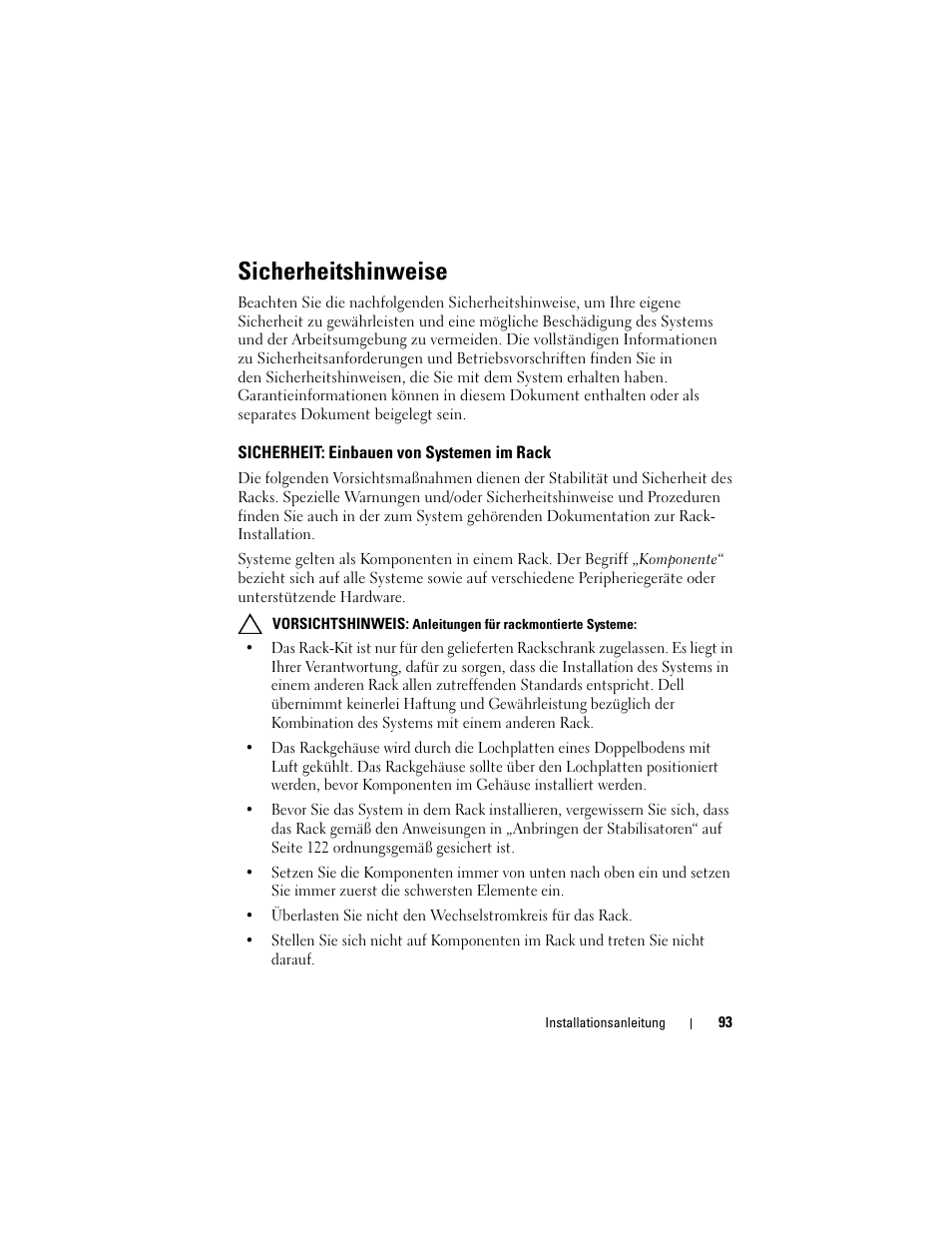 Sicherheitshinweise, Sicherheit: einbauen von systemen im rack | Dell PowerEdge Rack Enclosure 4020S User Manual | Page 95 / 228