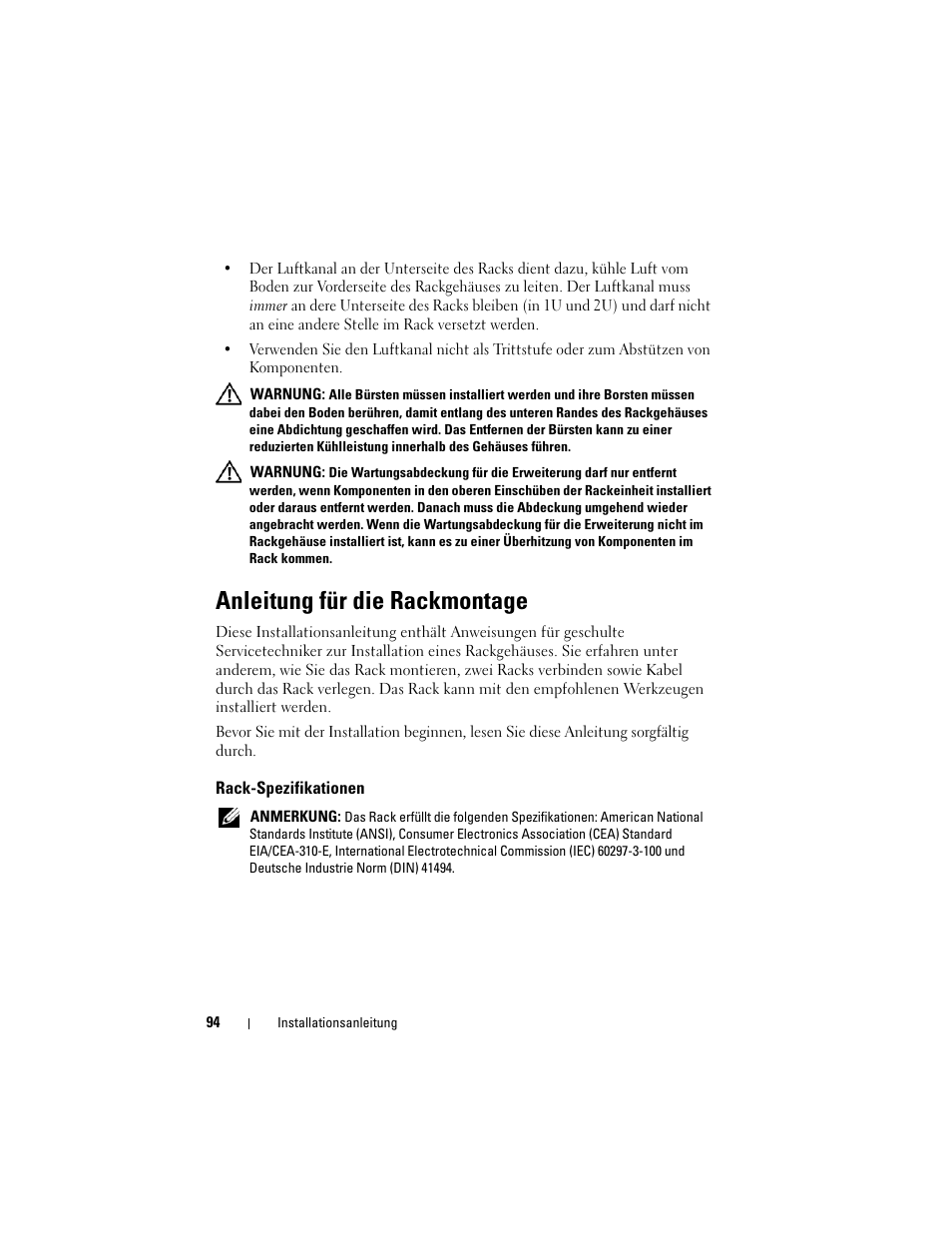 Anleitung für die rackmontage, Rack-spezifikationen | Dell PowerEdge Rack Enclosure 4020S User Manual | Page 96 / 228