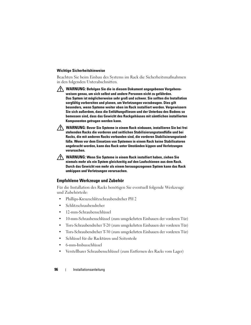 Empfohlene werkzeuge und zubehör | Dell PowerEdge Rack Enclosure 4020S User Manual | Page 98 / 228