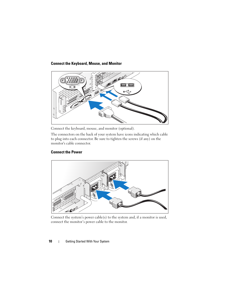 Connect the keyboard, mouse, and monitor, Connect the power | Dell PowerVault DL2000 User Manual | Page 12 / 70